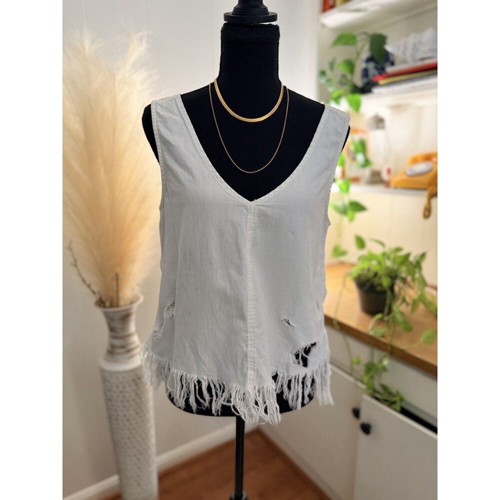 American Eagle White Distressed Fringe Tank Top | 100% Cotton | Size Small